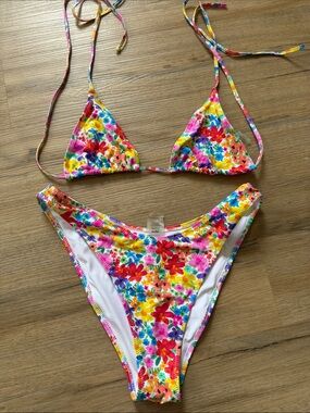 BRIGHT Floral Triangle Bikini Top and Bottom - Multicolor